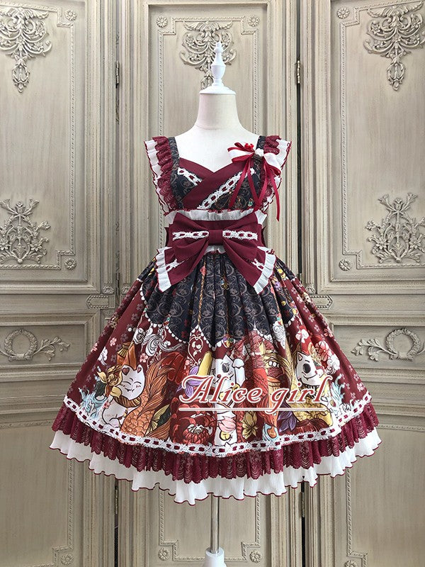 Alice Girl~Lucky Cat~Wa Lolita  Cat Printed Jumper Skirt   