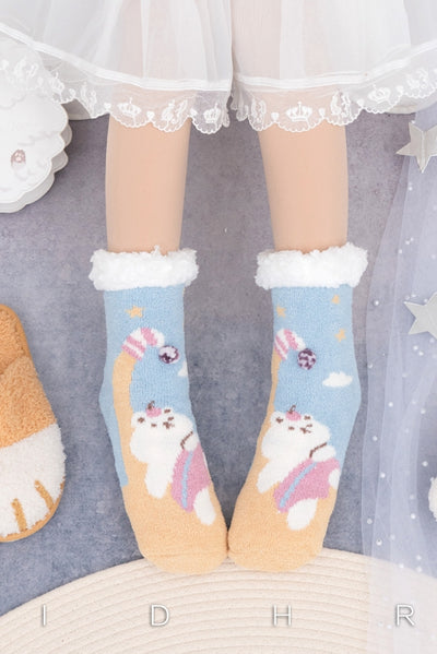 Yidhra~Coral Flannelette Warm Kawaii Lolita Christmas Socks freesize white bear 