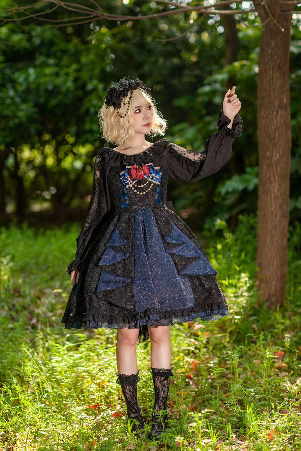 Infanta~Singer~ Lolita Plain Color JSK Dress S dark blue bow chain 