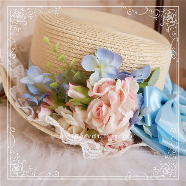 Fox Cherry~Sweet Lolita Bow Straw Hat M（56-58 cm/22-22.8 inches） curled brim flower straw hat 