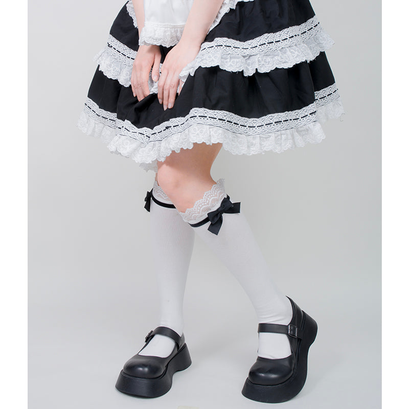 Roji roji - Spring Bow Lace Sweet Cotton Socks One Size black calf socks