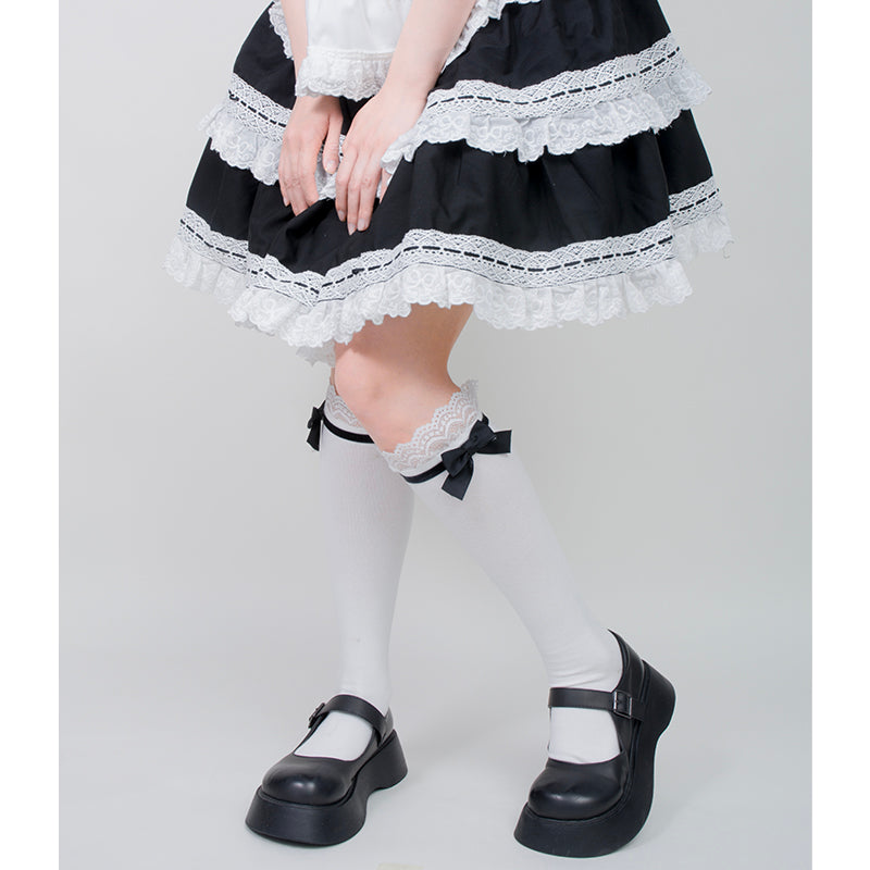 Roji roji~Spring Bow Lace Sweet Cotton Socks Free size black calf socks 