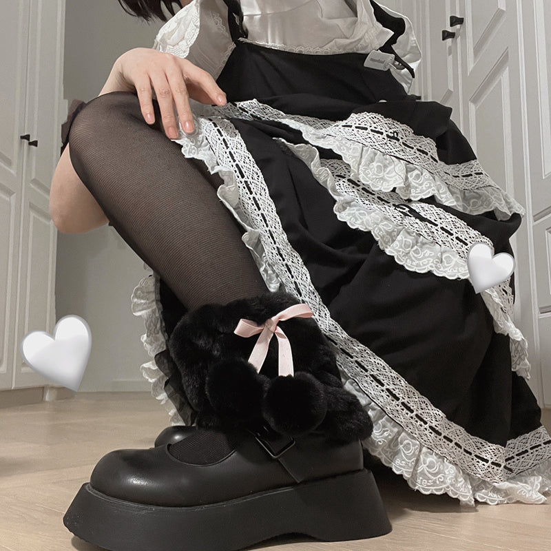 Roji roji~ Sweet Lolita Leg Warmer free size black leg warmer (pink ribbon black balls) 