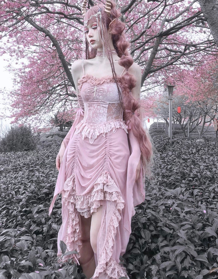 Blood Supply~Sakura Nightmare~Pink Gothic Velvet Drawstring Dress   