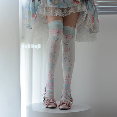 Roji roji~Macaron Printed Lolita Knee Stockings free size green&pink 