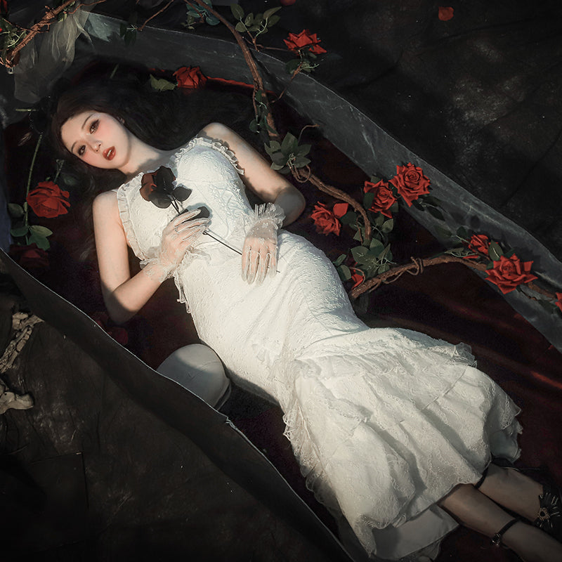 With PUJI~Never Rot Bones~Gothic Lolita Dress Bride Mermaid JSK Dress   