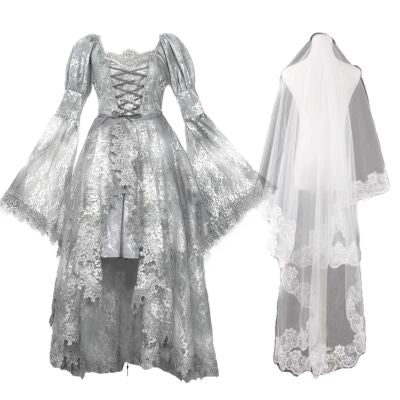Blood Supply~Rose Funeral~Halloween Grey Classic Lolita OP S dress+lace veil 