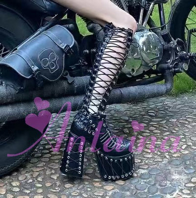 Antaina~Lolita Lace Up Black High Heel Boots 34 black 