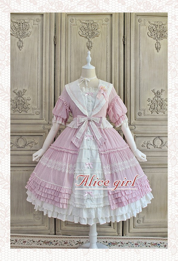 Alice Girl~Cotton Lolita Dress Sunflower Ruffle OP Dress S pink purple (short sleeve version) 