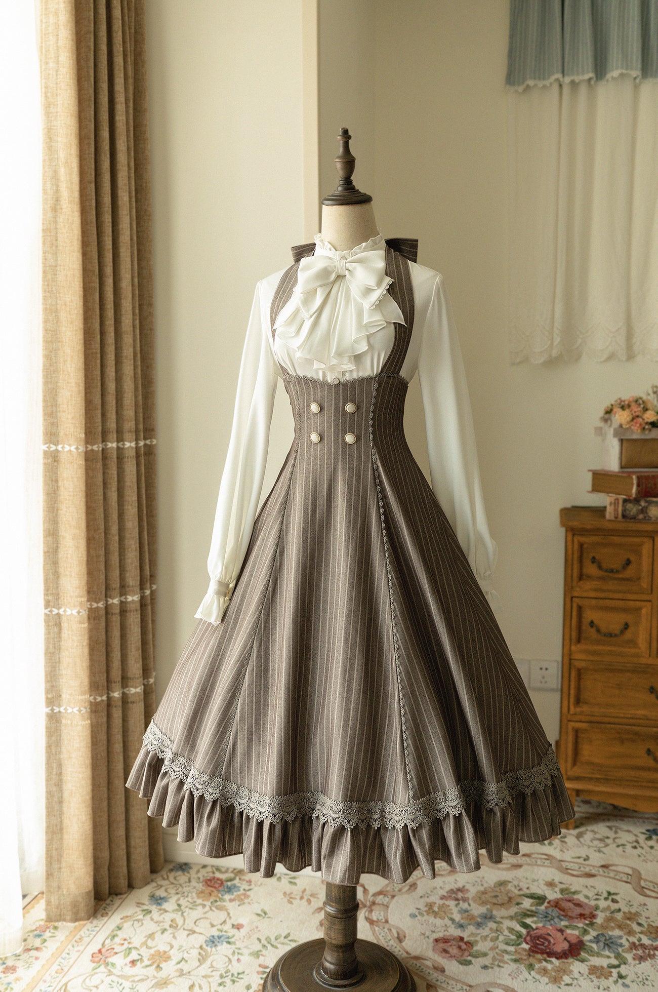Forest Wardrobe - South of the Forest - Vintage Lolita Halter JSK Dress, French Style Blouse S Light Grey Coffee Striped JSK