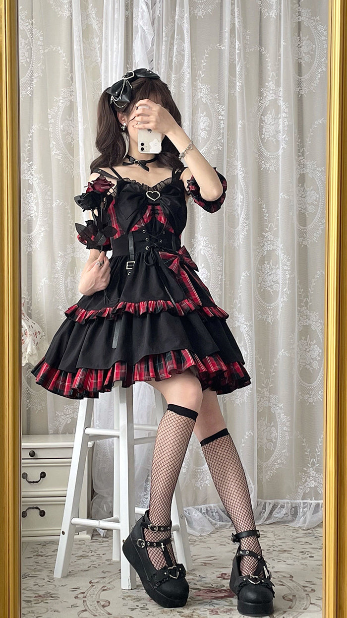 Alice Girl~Black Lolita Dress~Little Spicy Plaid JSK Dress   