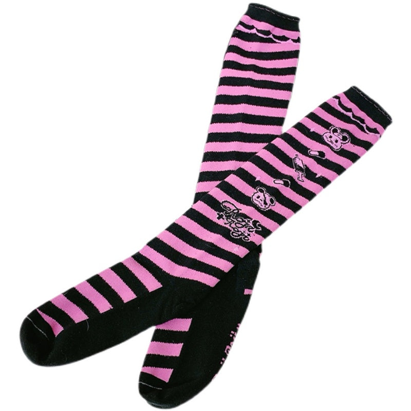 Roji roji - Striped Kawaii Lolita Calf Socks Multicolors One Size black-pink stripe