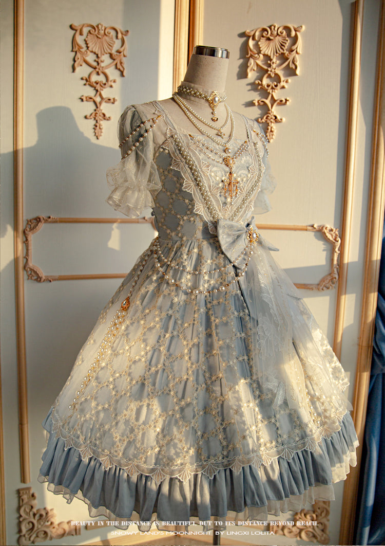 Lingxi Lolita - Greek Style Vintage Handmade Bead Lolita Dress S light blue extended version+ open sleeves