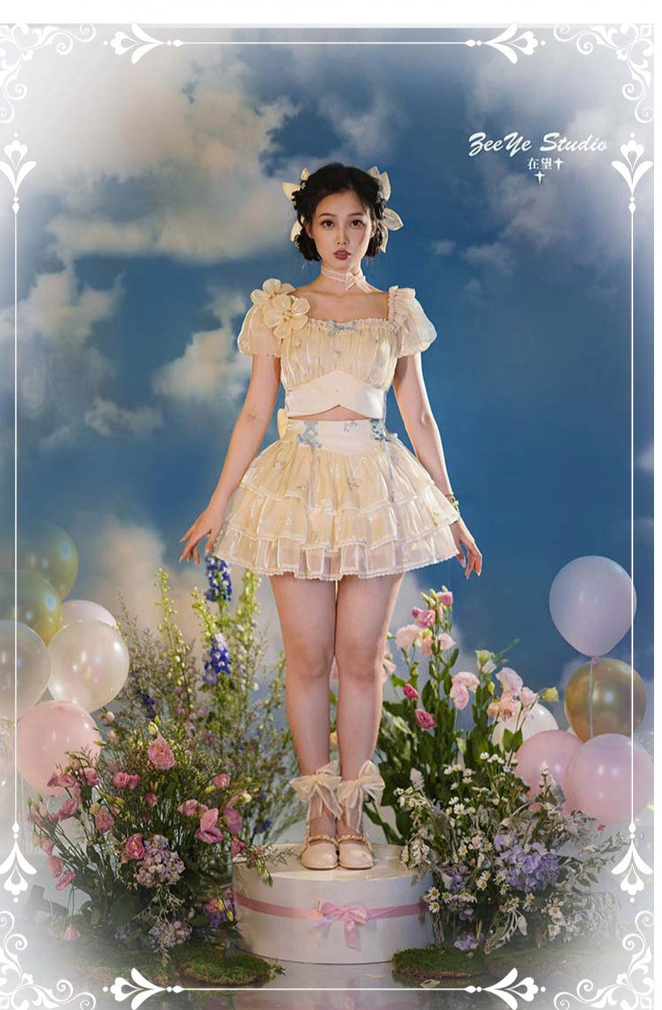 ZeeYe~Sweet Lolita Short Sleeve OP Dress S apricot and blue top 