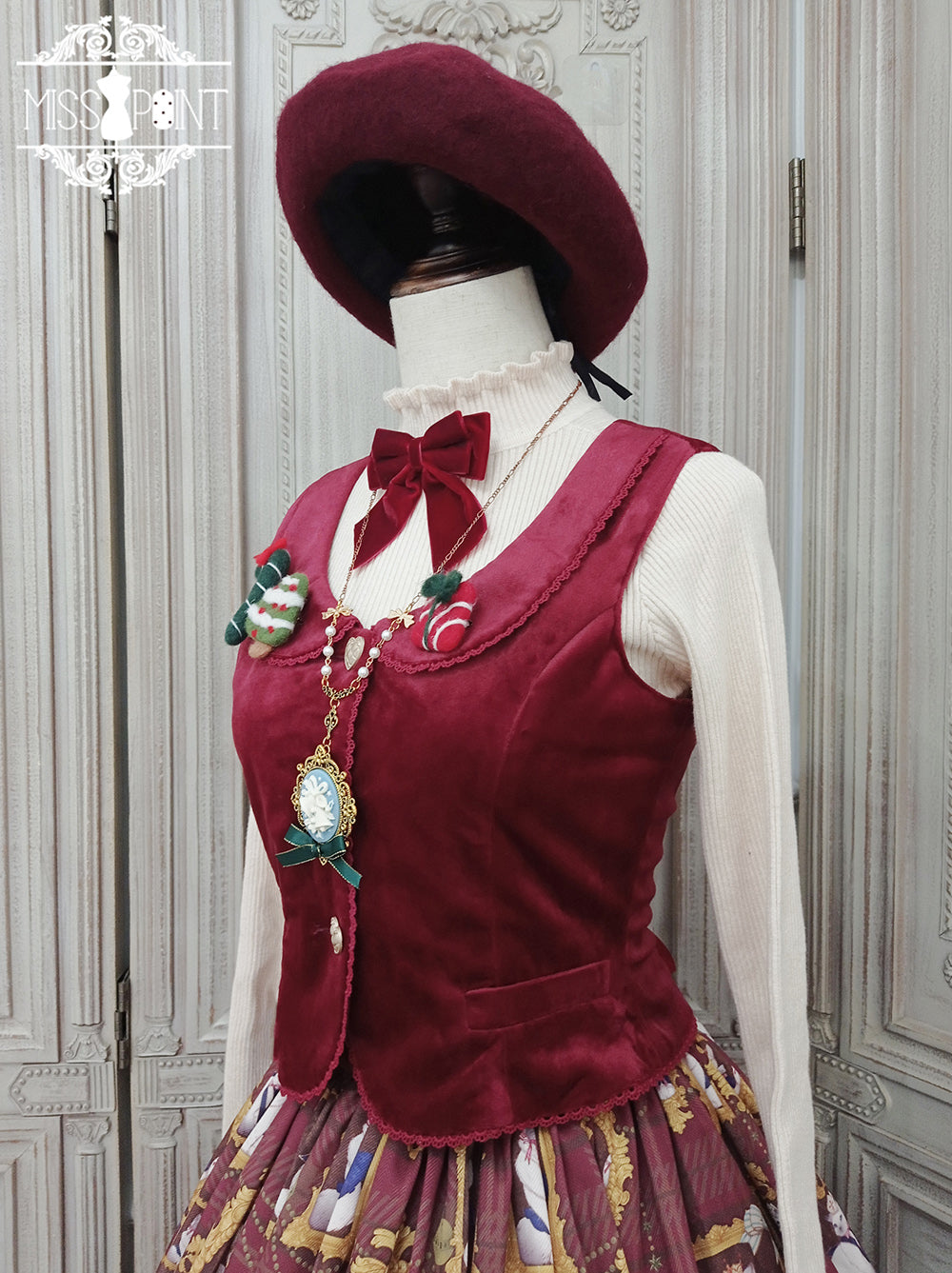 Miss Point~Christmas Preppy Style Velvet Lolita SK Vest Set   