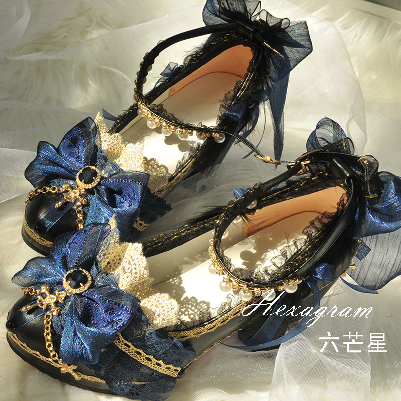Hexagram~Versailles~Wedding Lolita Shoes High Heels 35 black and dark blue 
