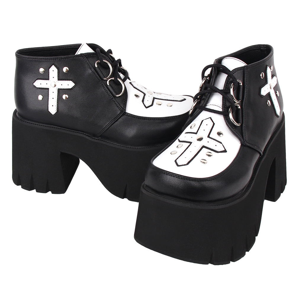 Angelic Imprint~Gothic Lolita Cross Classic Platform Shoes 33 black + white matte leather 