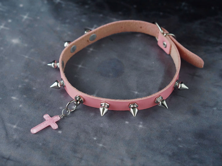 Strange Sugar~Gothic Lolita Cross Leather Choker No.15 pink cross  