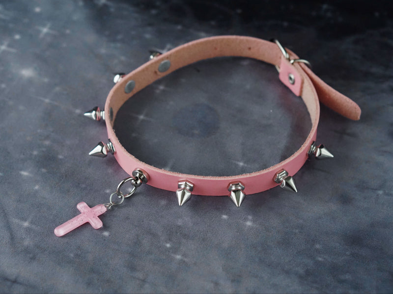 Strange Sugar - Gothic Lolita Cross Leather Choker No.15 Pink cross