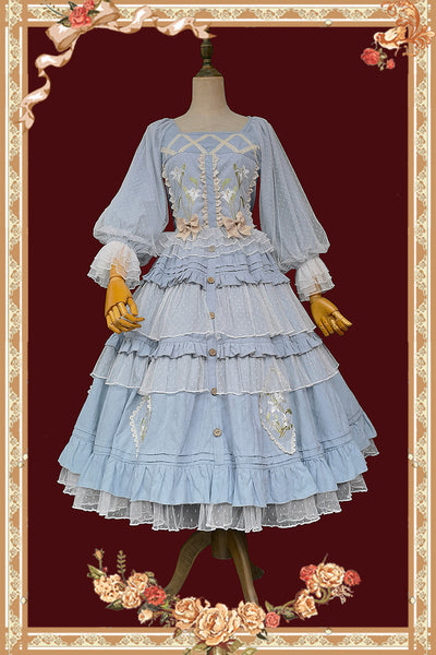 Infanta~Melaleuca Lily~Embroidery Country Lolita Blouse and Skirt M blue set white net yarn 