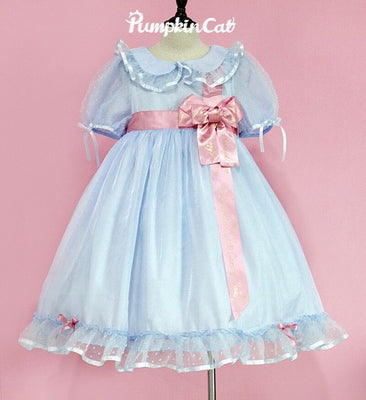 Pumpkin Cat~Candy Boxes Sweet Lolita OP Dress S voile blue with pink silk ribbon 