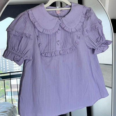 Sakurada Fawn~Plus Size Lolita Shirt Solid Color Short Sleeve Blouse S purple 