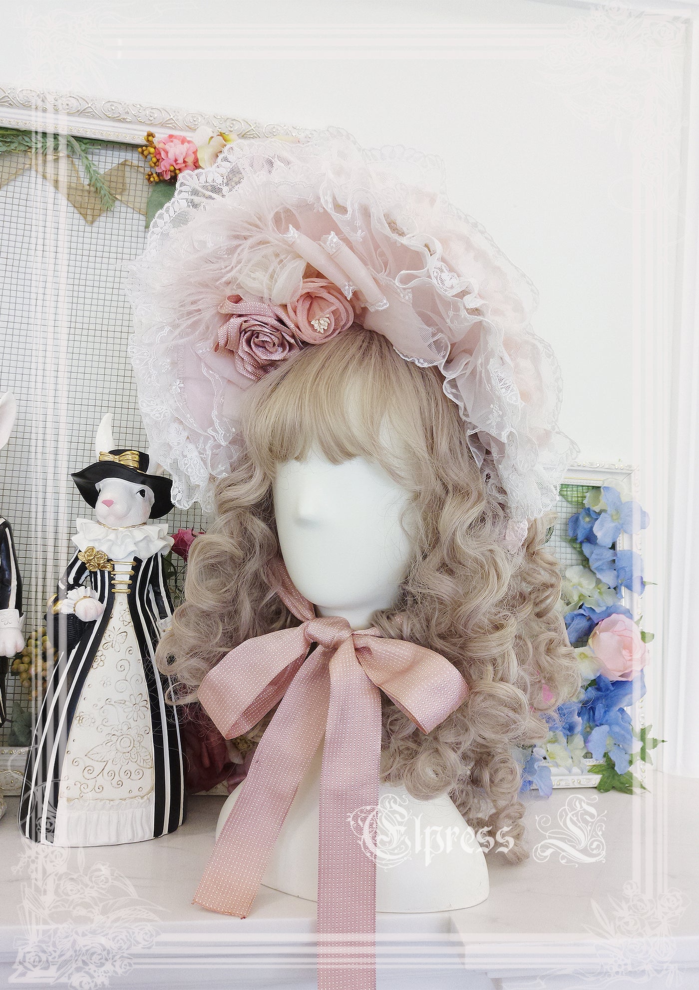 Elpress L~Christmas Flower Hairpins Lolita Mesh Veil KC Bonnet pink BNT 