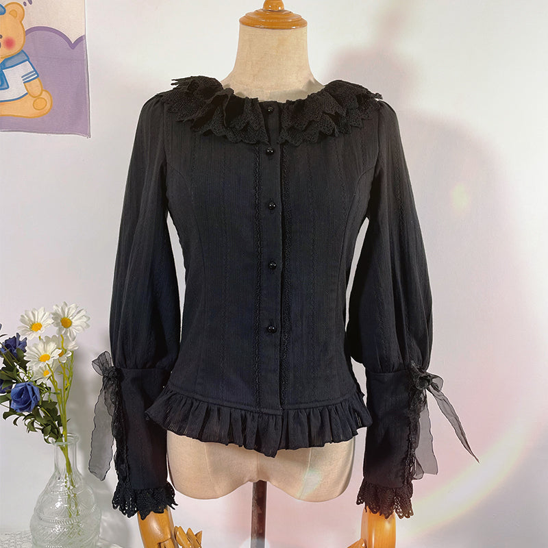 Sakurada Fawn~Plus Size Lolita Cotton Velvet Long Sleeve Blouse S black 