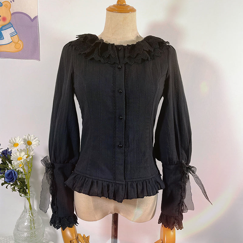 Sakurada Fawn - Plus Size Lolita Cotton Velvet Long Sleeve Blouse S black