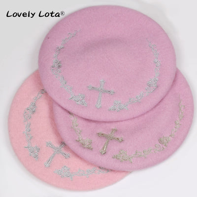 LovelyLota～Rose Cross～Rose Embroidery Wool Lolita Hat free size purple+gold 