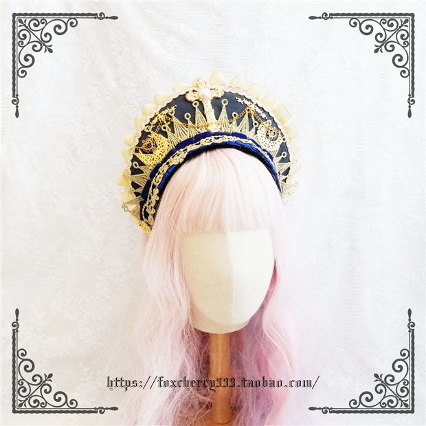 Fox Cherry~Gorgeous Lolita Palace Retro Golden Tudor Headdress free size navy blue 4504:10529