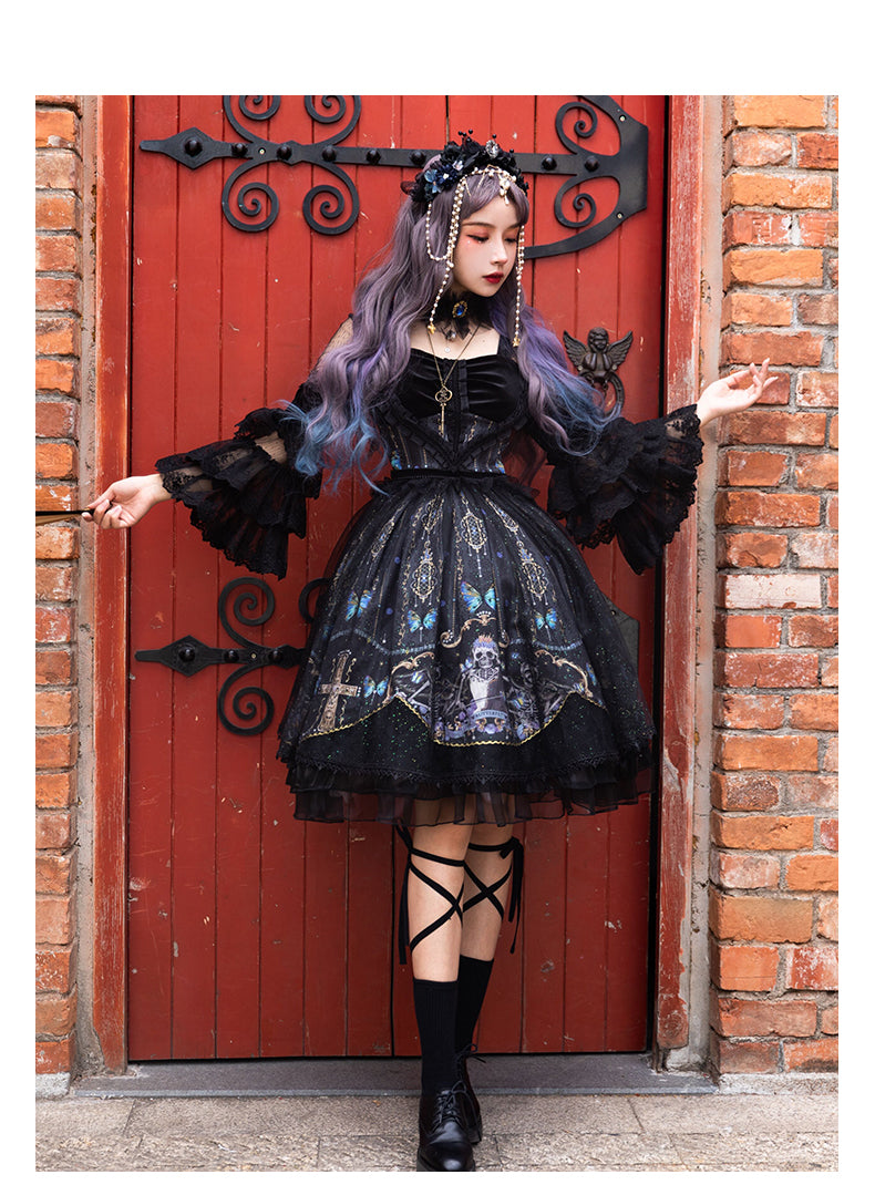 YingLuoFu Butterfly Movement Gothic Lolita Tea Party OP Dress   