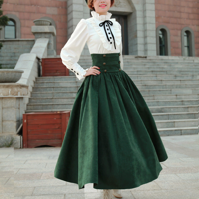 Lace Garden - Magic Academy - Retro Elegant Lolita Blouse and Skirt Set S green set（white blouse+green long skirt）