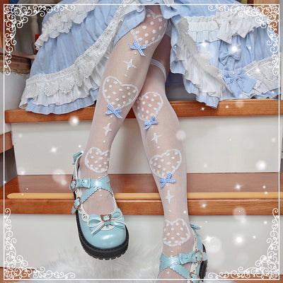 Roji roji~Super Thin Summer Lolita Knee Socks over knee socks blue plaid bow on white ground 