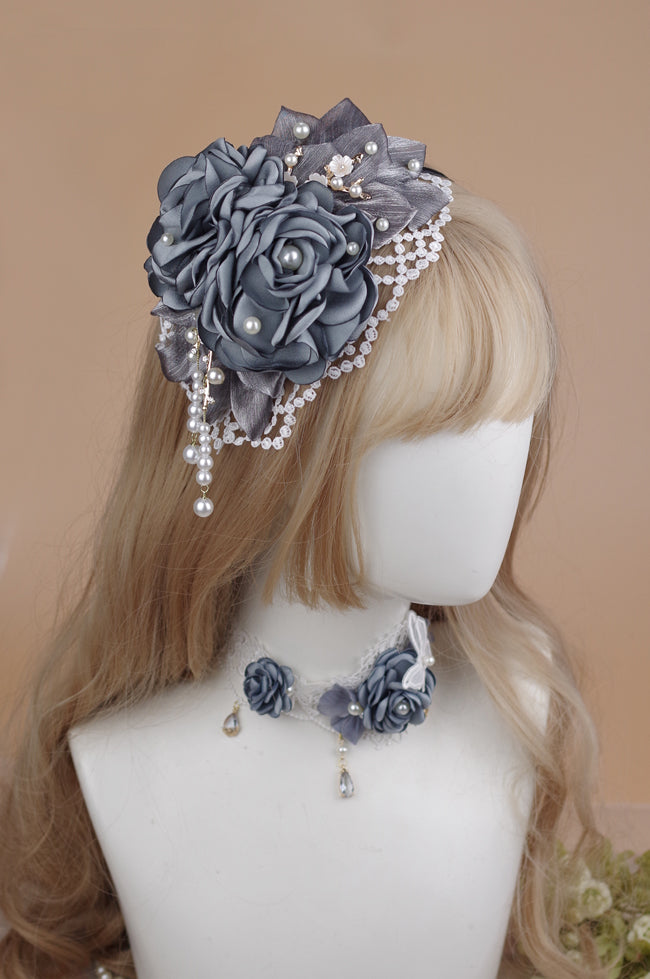Rose of Sharon~Rose Poetry~ Bowknot Elegant Lolita Flower KC grey blue  