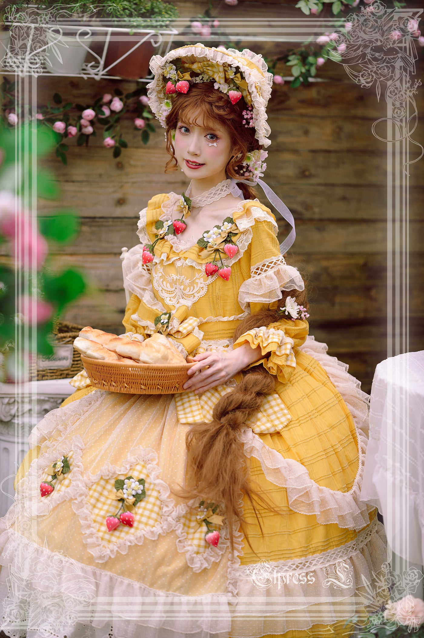 Elpress L~Peach Fragrance~Country Lolita Multicolors Strawberry Lolita OP Dress long XS apricot yellow