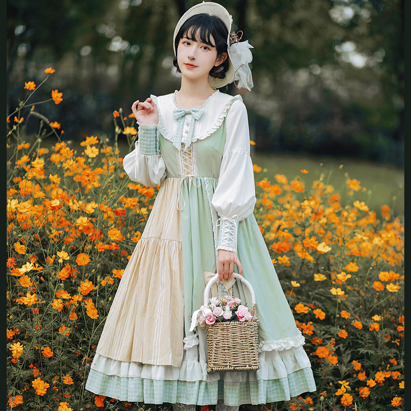 With PUJI~Tweet Valley~Stitching Color Lolita OP Dress S OP (not include bow on neckline) 