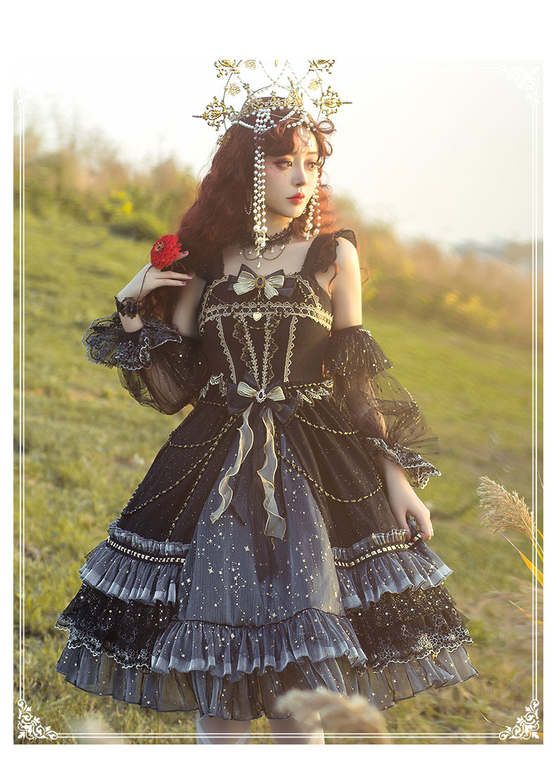 YingLuoFu~ Star Night~ Retro Palace Lolita JSK M star night black (JSK dress+cuffs+waist chain+choker) 