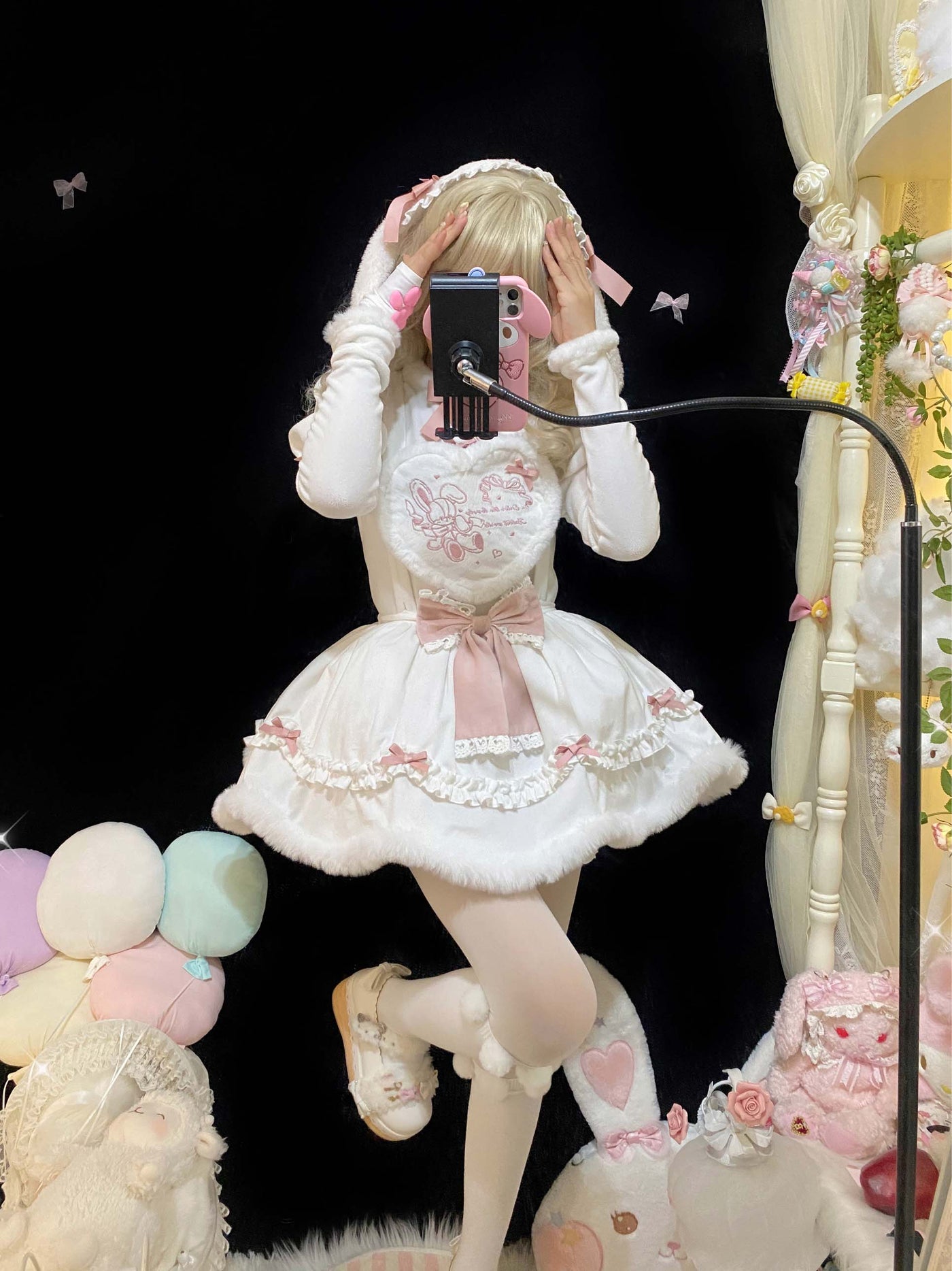 (Buyforme)Pink Fleece Rabbit Lolita Salopette Bubble Sleeve Blouse   