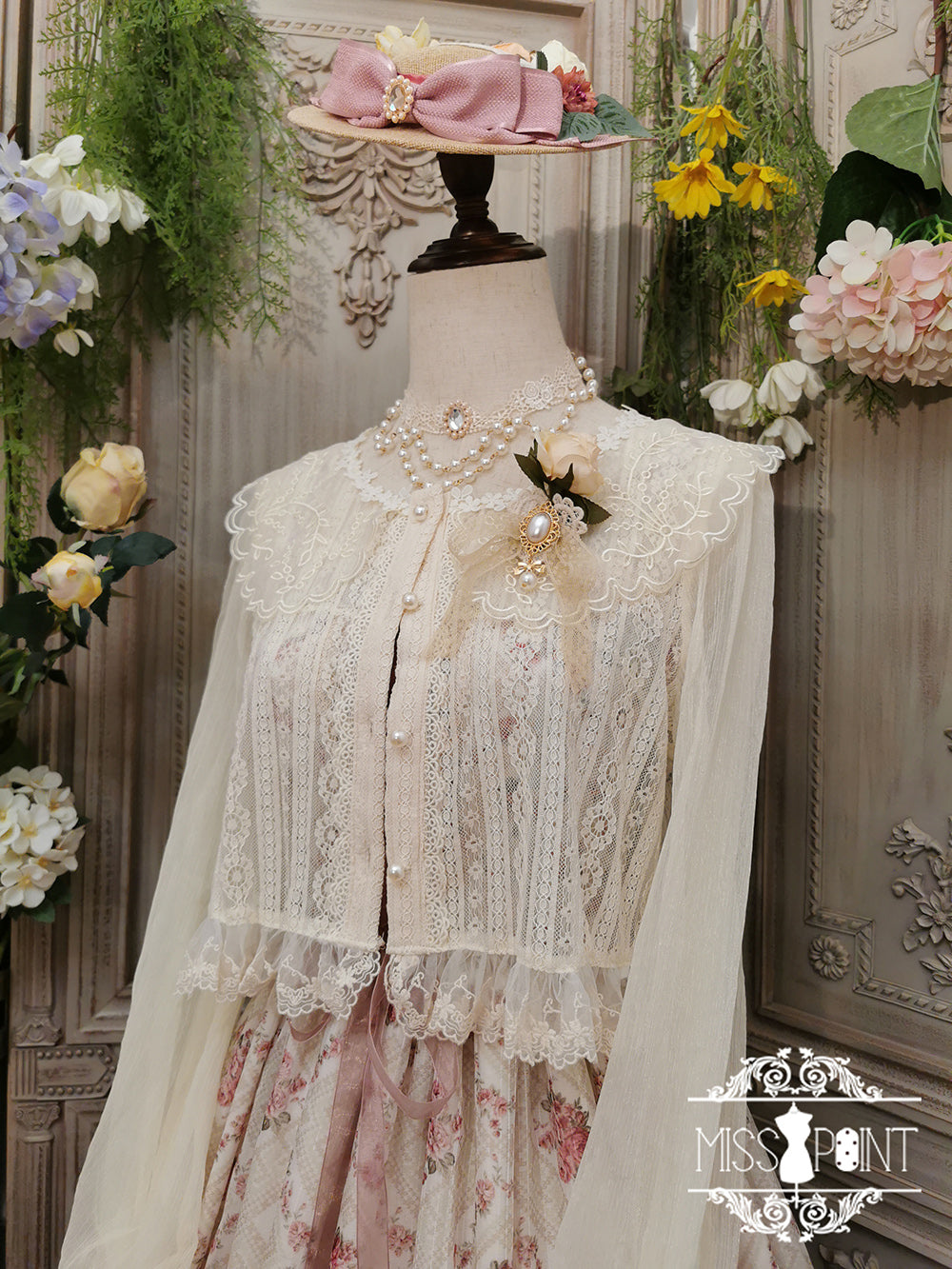 Miss Point - Woody Rose - Elegant Retro Lolita Blouse S ivory long sleeve