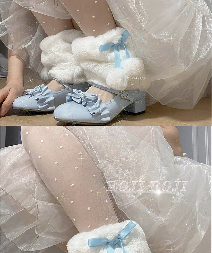 Roji roji~ Sweet Lolita Leg Warmer free size white leg warmer (blue ribbon white balls) 