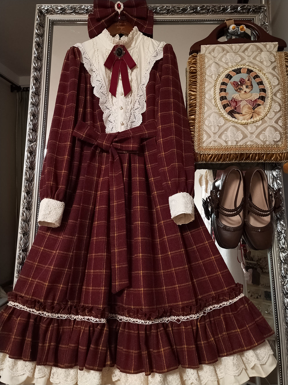 Axes Femme Classical orders Goth Maroon Plaid Victorian Aristocrat Lolita OP Dress