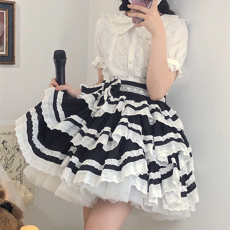 With PUJI~Summer Fresh Multicolors Tiered Lolita Skirt S black 