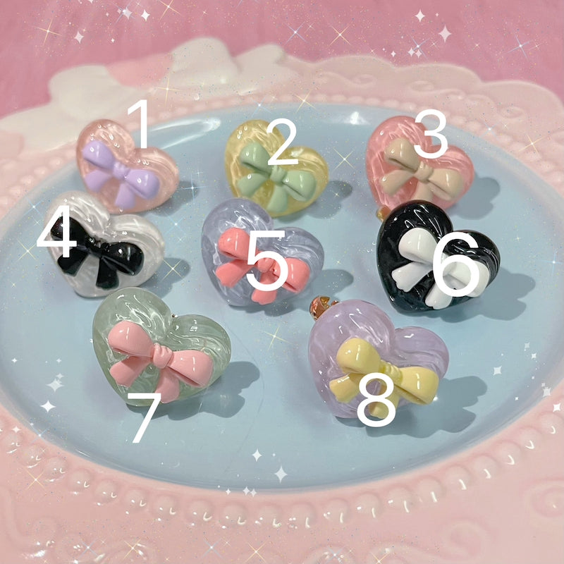 WaddlePiggy - Transparent Heart Bow Adjustable Handmade Lolita Ring purple+pink