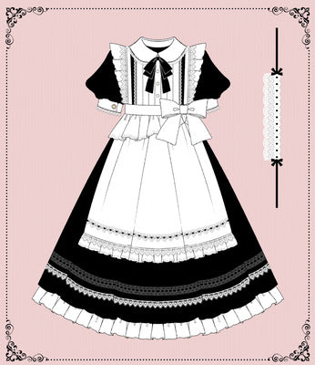 Your Princess~Maid Lolita Puff Sleeve Black Dress S black short sleeve dress+apron+hairband 