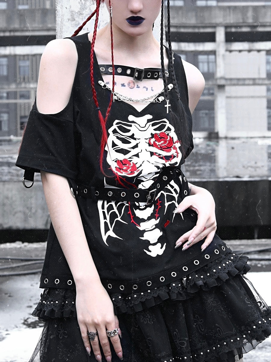 Blood Supply~Skull Print Detachable Sleeve Lolita Shirt   