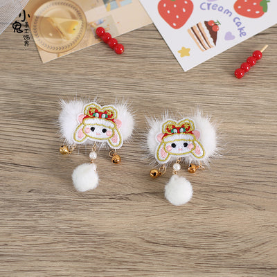 Xiaogui~Han Lolita Bow Red Hair Clips Sweet Headdress 1. rabbit embroidery with bell(a pair)  