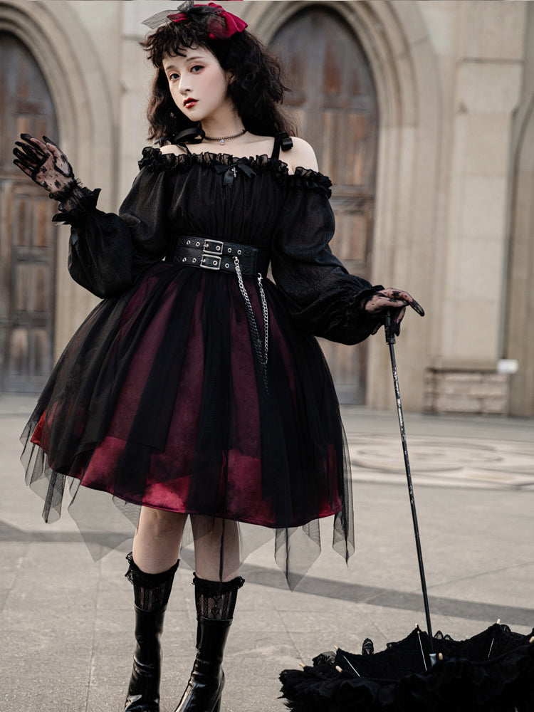 Your Princess - Gothic Lolita High Waist Black Dress S red short version