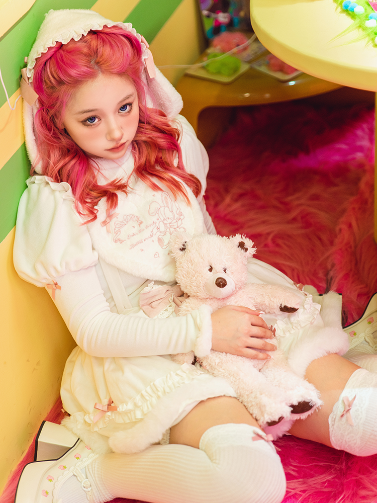 (Buyforme)Pink Fleece Rabbit Lolita Salopette Bubble Sleeve Blouse   