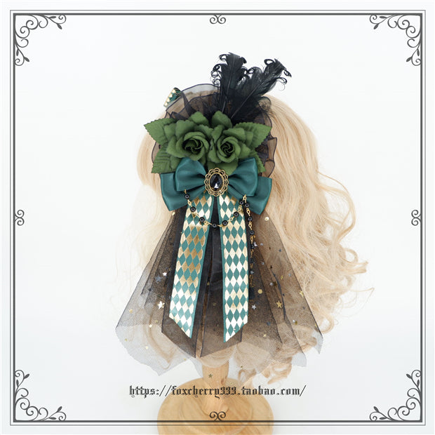 Fox Cherry~Green Lattice Rabbit Ear Bow Lolita Hat Headdress 7082:81036